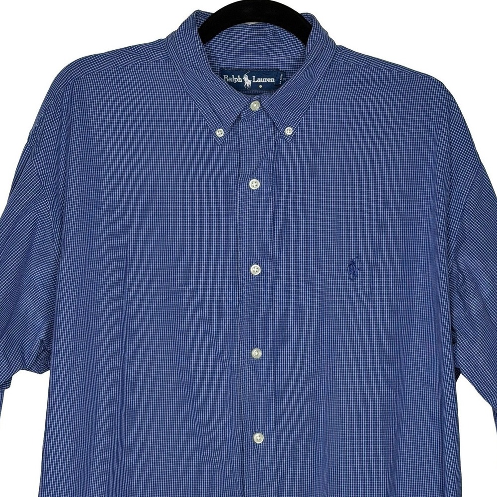 Ralph Lauren Blake Shirt 100% Cotton Micro Check Blue Button Down Men's Size L